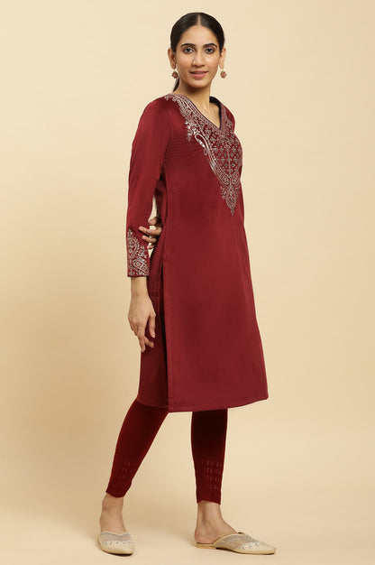 Blue Embroidered Flared Velvet Kurta