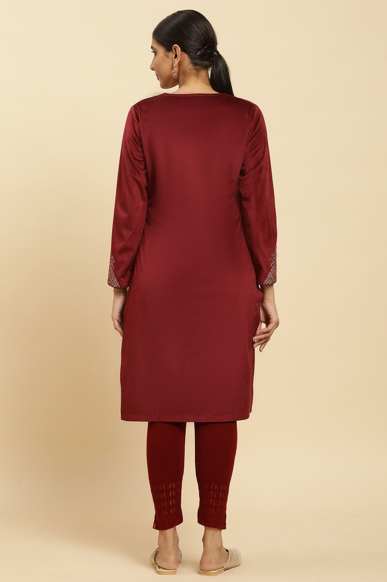 Maroon Embroidered Flared Velvet Kurta