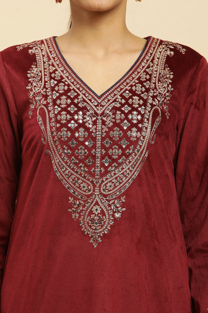 Blue Embroidered Flared Velvet Kurta