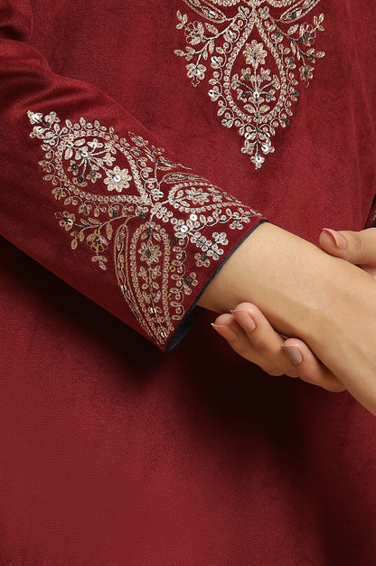 Maroon Embroidered Flared Velvet Kurta