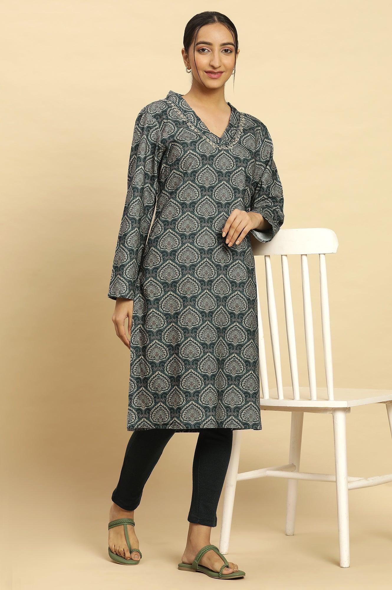 Green Printed Winter Kurta With Embroidery - wforwoman