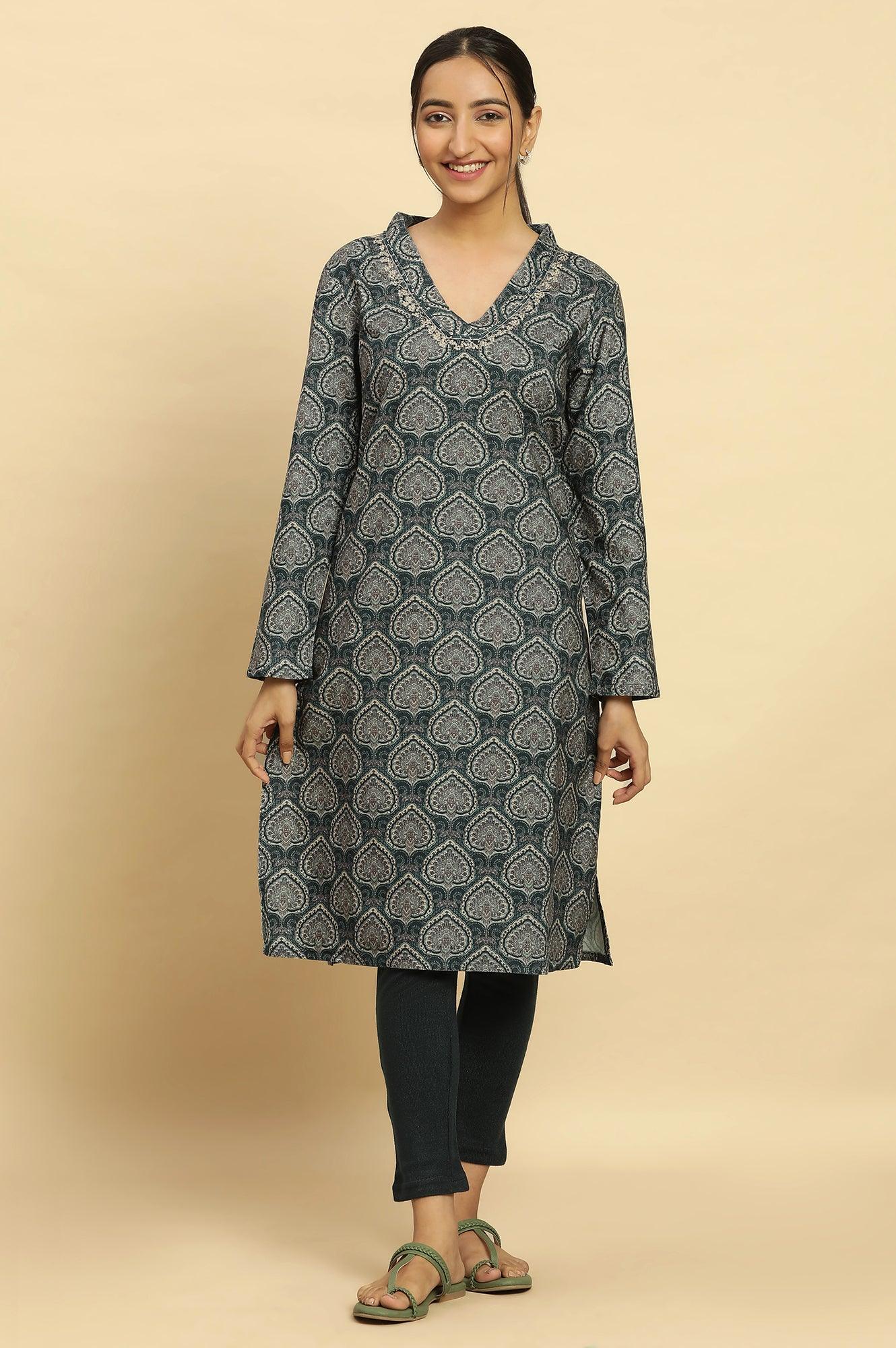 Green Printed Winter Kurta With Embroidery - wforwoman