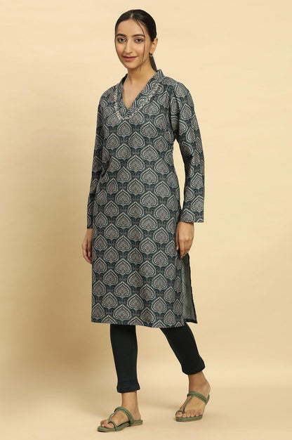 Green Printed Winter Kurta With Embroidery - wforwoman