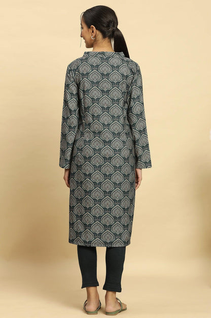 Green Printed Winter Kurta With Embroidery - wforwoman