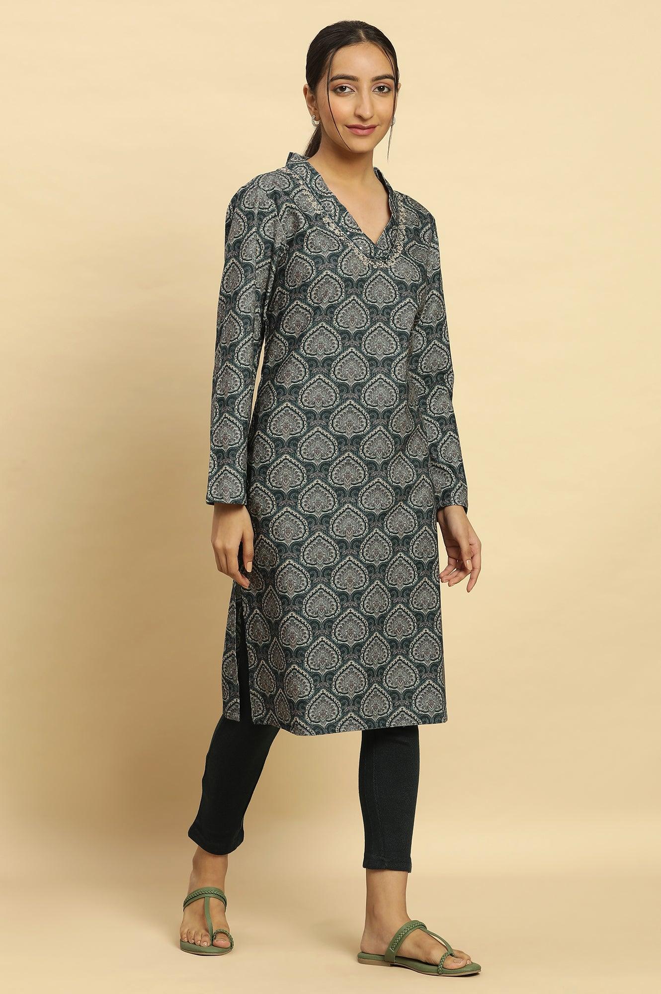 Green Printed Winter Kurta With Embroidery - wforwoman