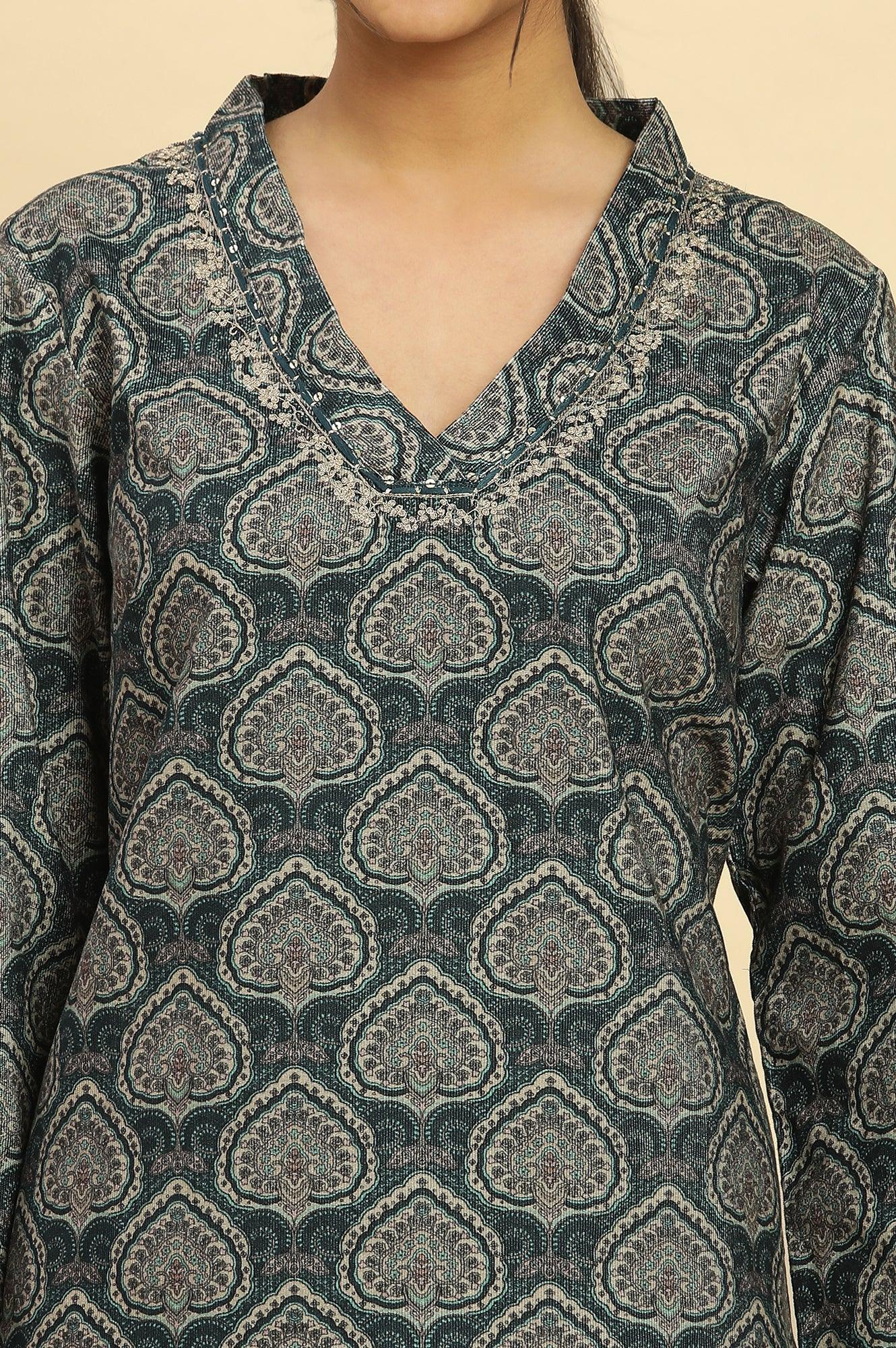 Green Printed Winter Kurta With Embroidery - wforwoman