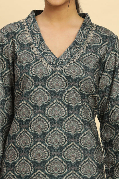 Green Printed Winter Kurta With Embroidery - wforwoman