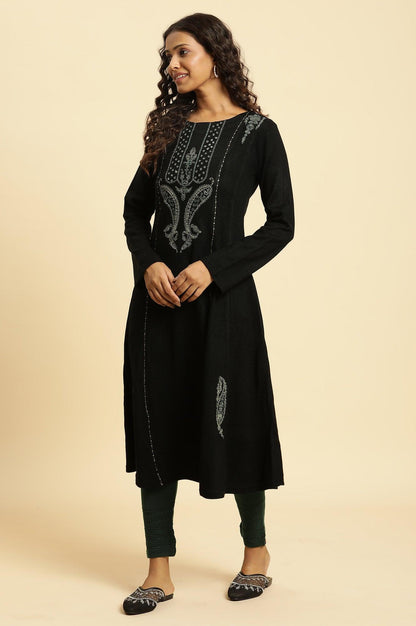 Black Paisley Embroidered Winter Flared Kurta And Tights Set - wforwoman