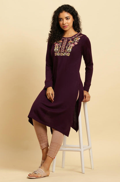 Purple Embroidered Winter Kurta And Tights Set - wforwoman