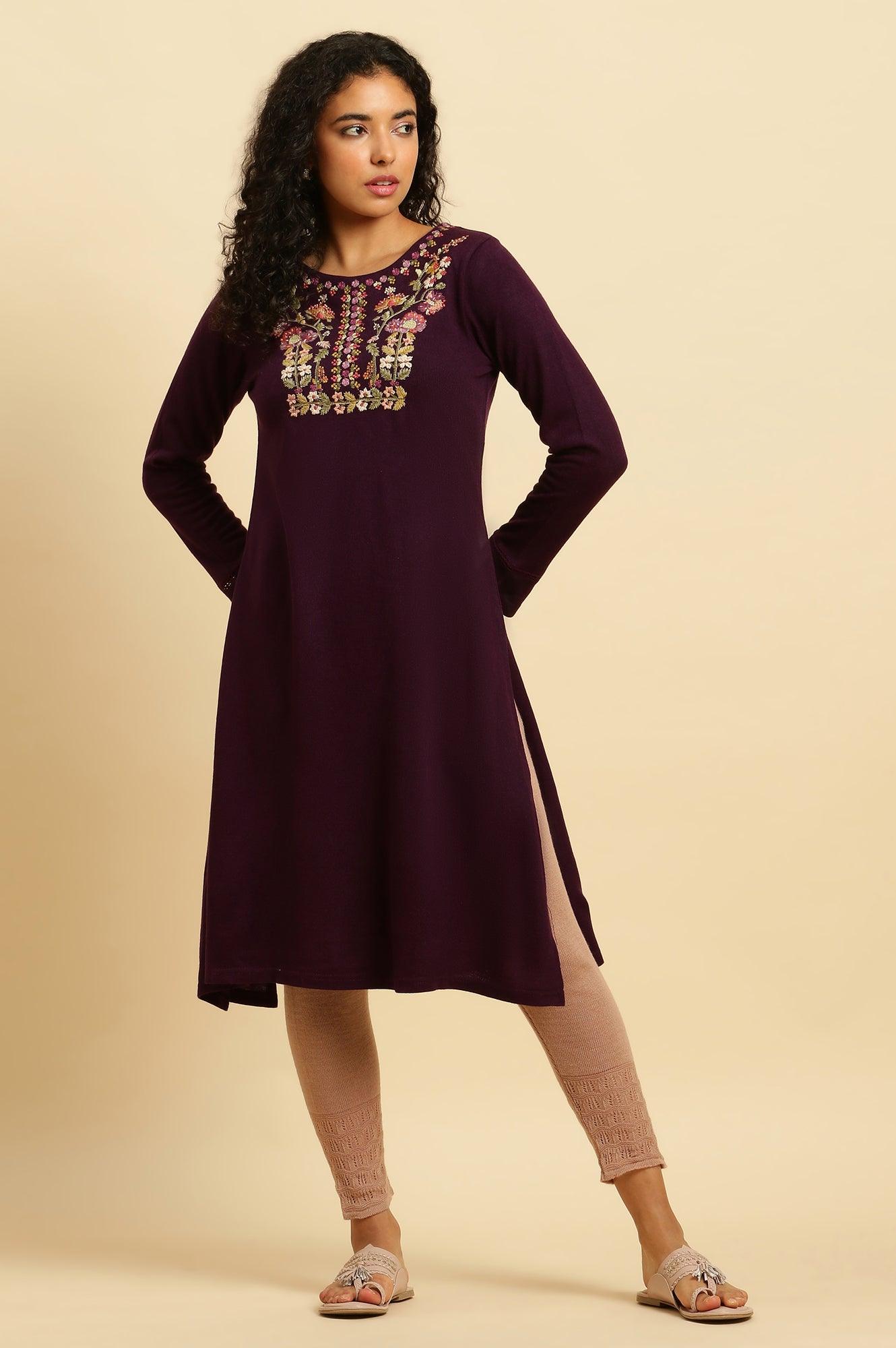 Purple Embroidered Winter Kurta And Tights Set - wforwoman