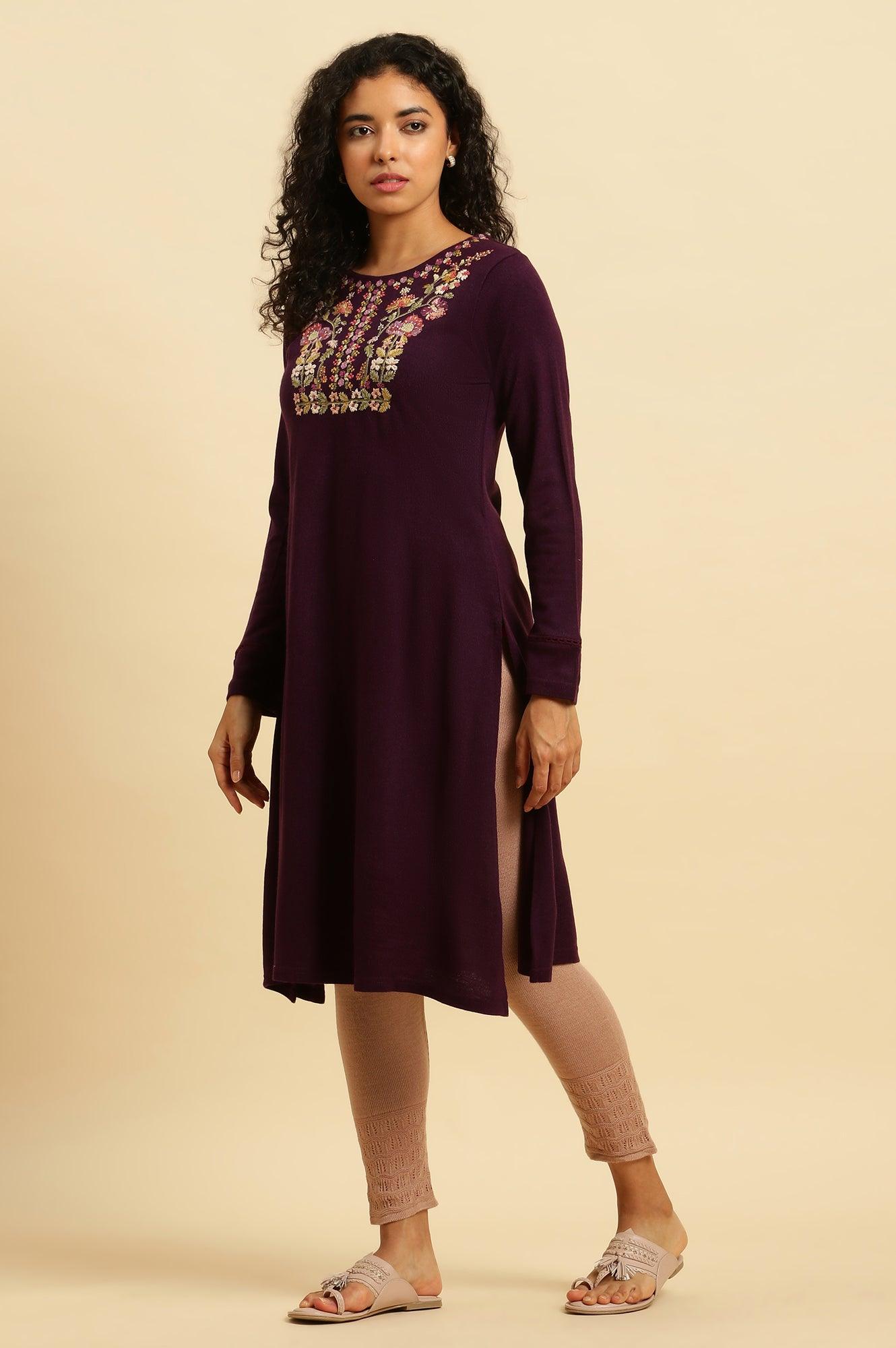 Purple Embroidered Winter Kurta And Tights Set - wforwoman