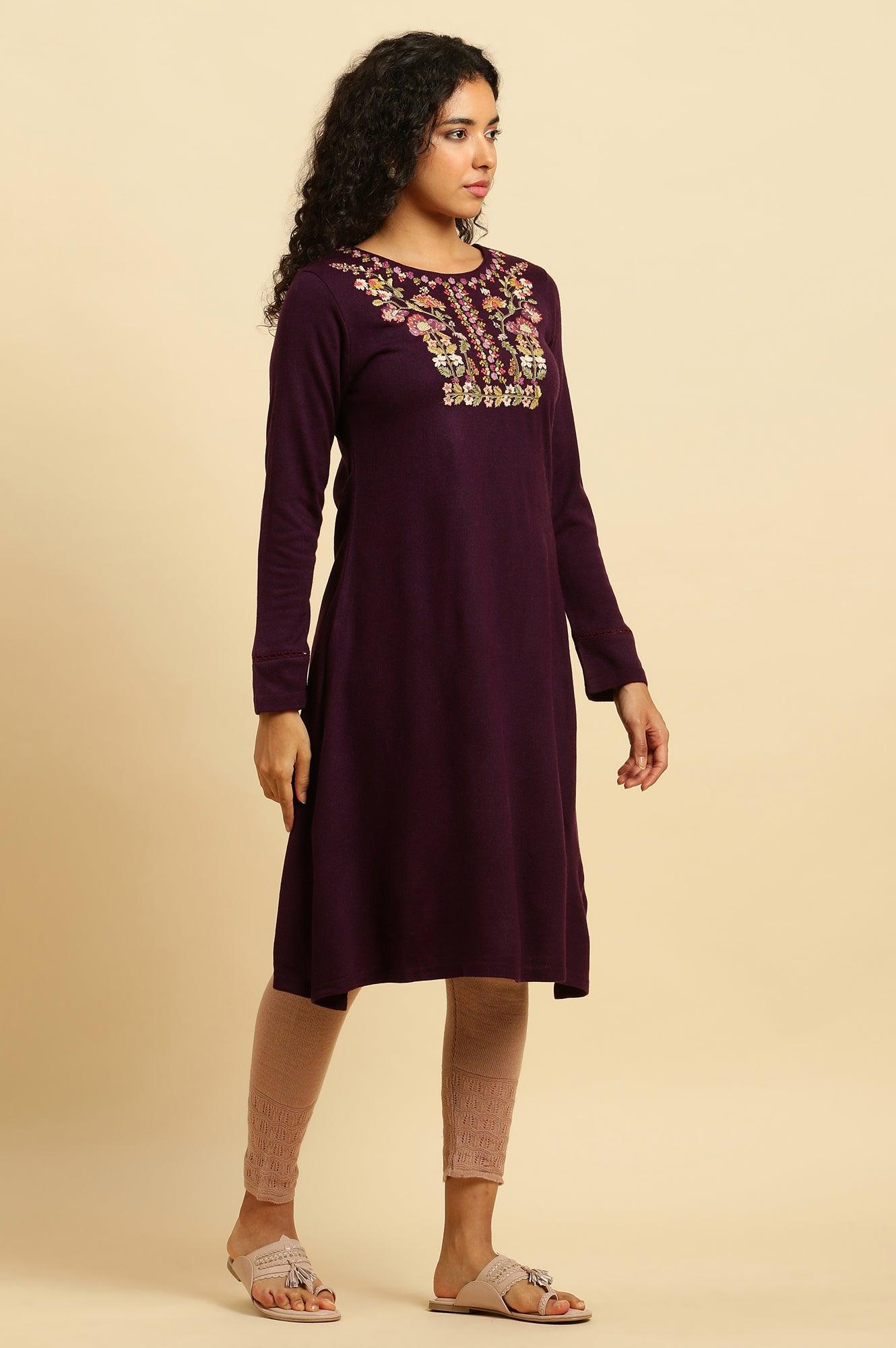 Purple Embroidered Winter Kurta And Tights Set - wforwoman