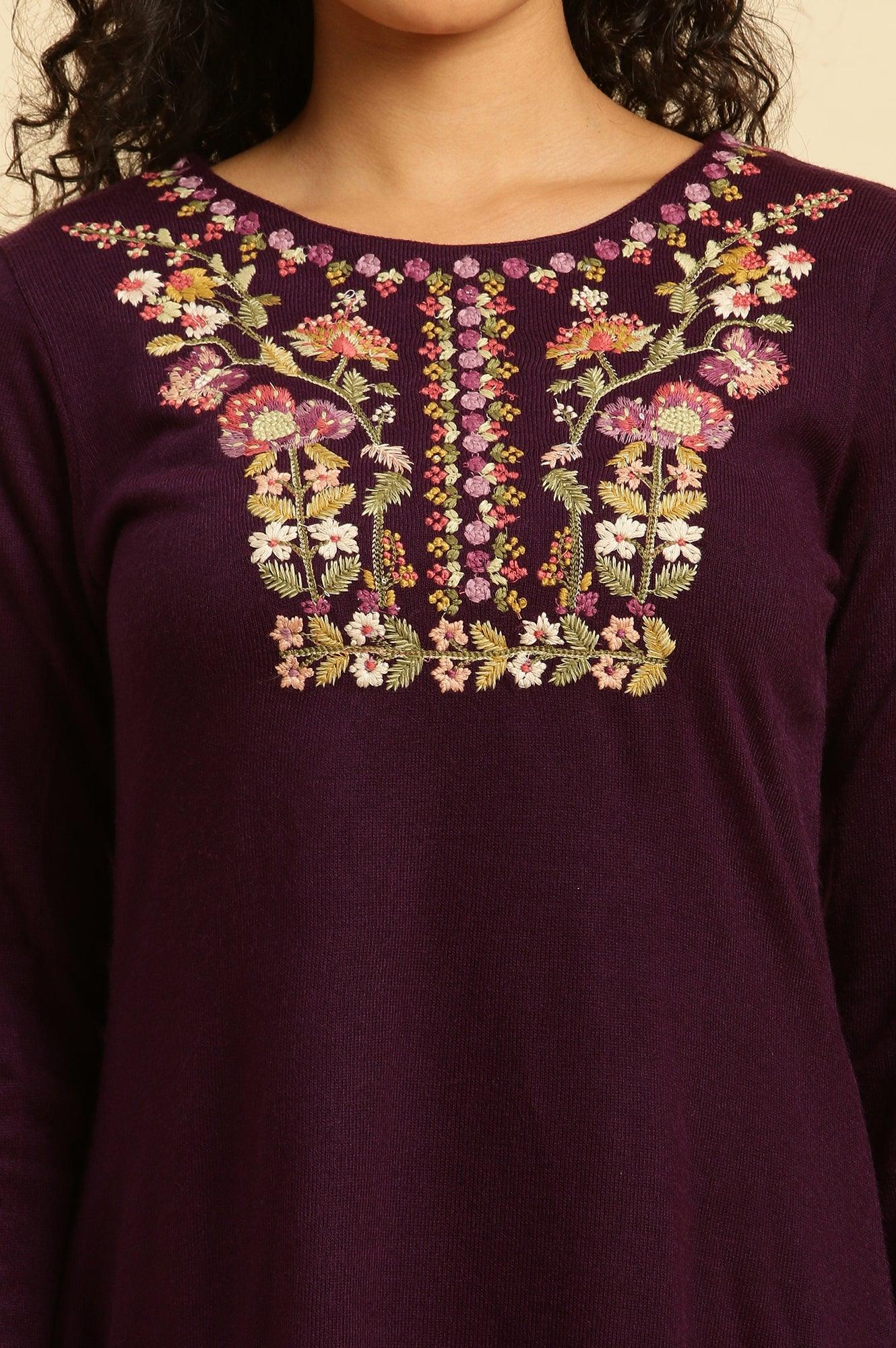 Purple Embroidered Winter Kurta And Tights Set - wforwoman