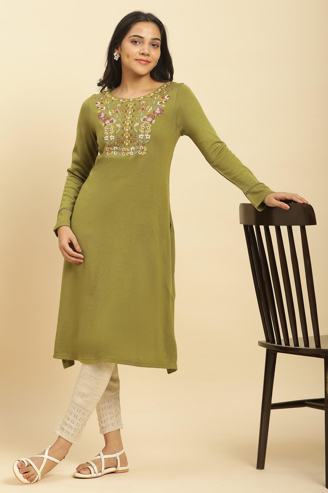 Green Embroidered Winter Kurta And Tights Set - wforwoman