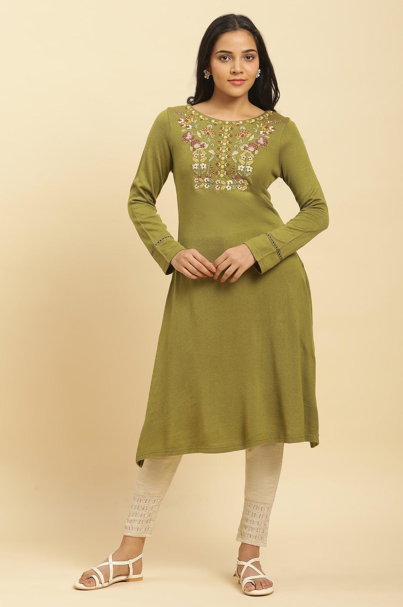 Green Embroidered Winter Kurta And Tights Set - wforwoman