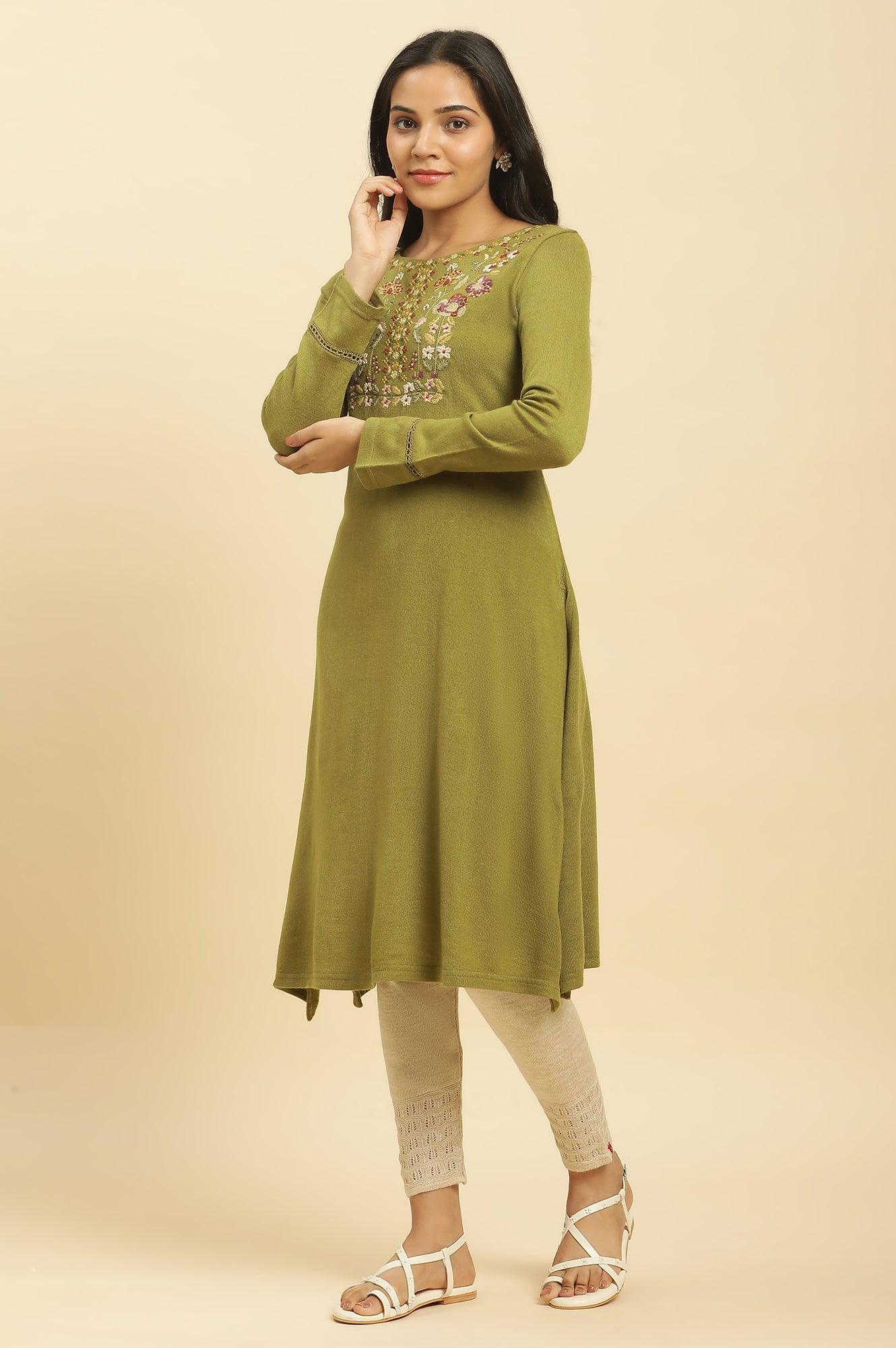 Green Embroidered Winter Kurta And Tights Set - wforwoman