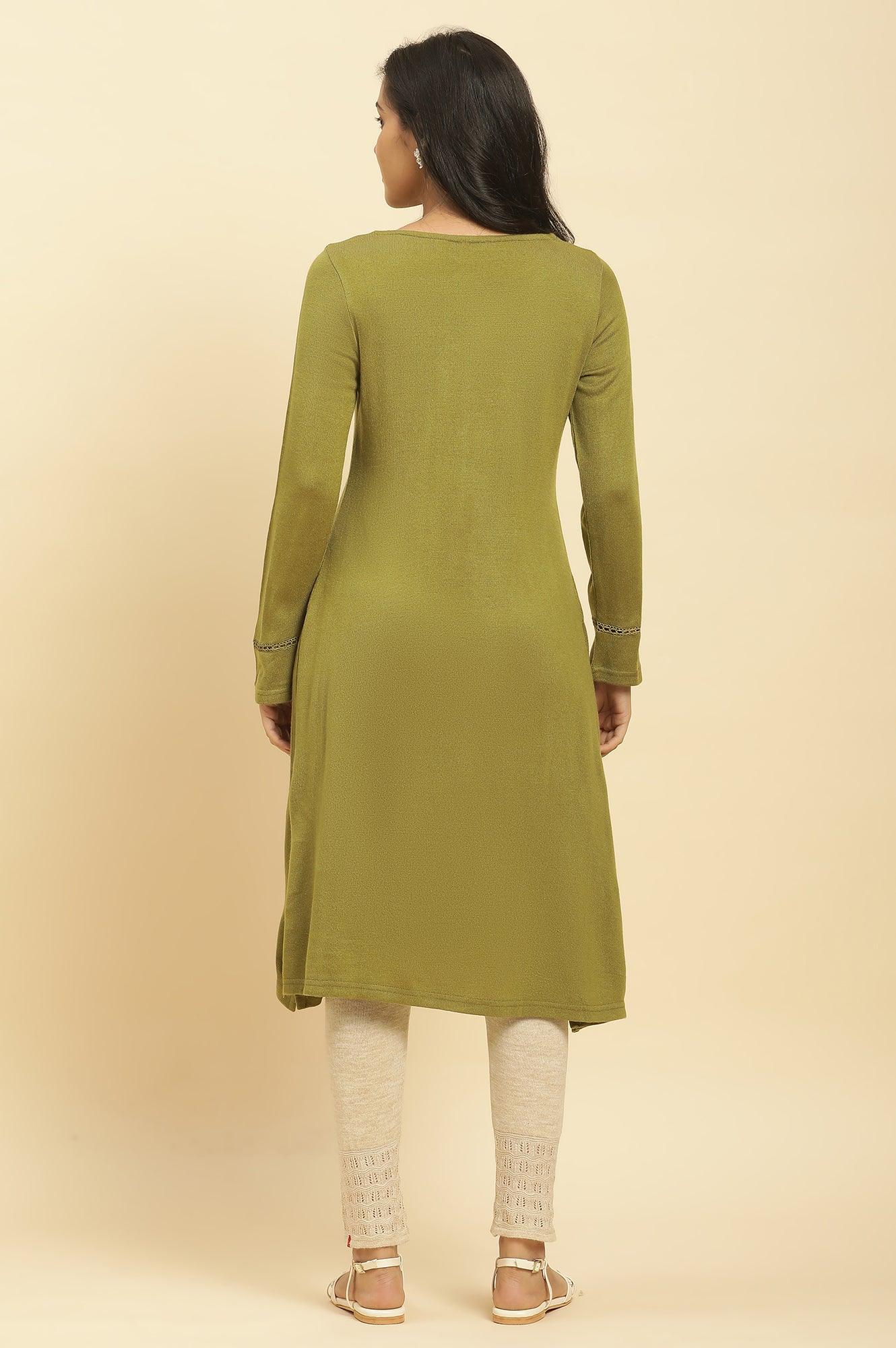 Green Embroidered Winter Kurta And Tights Set - wforwoman