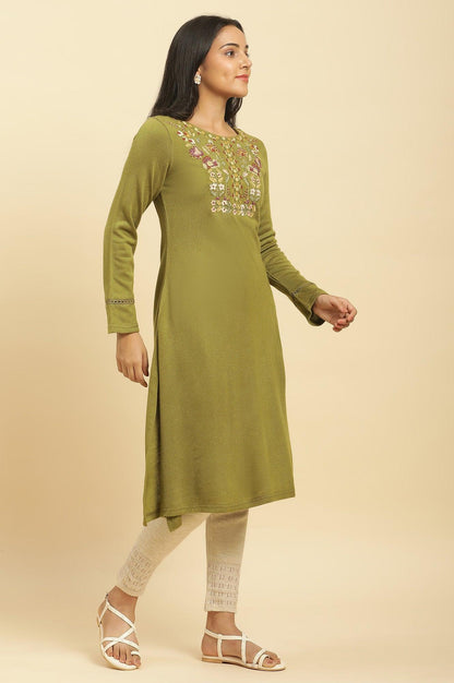 Green Embroidered Winter Kurta And Tights Set - wforwoman