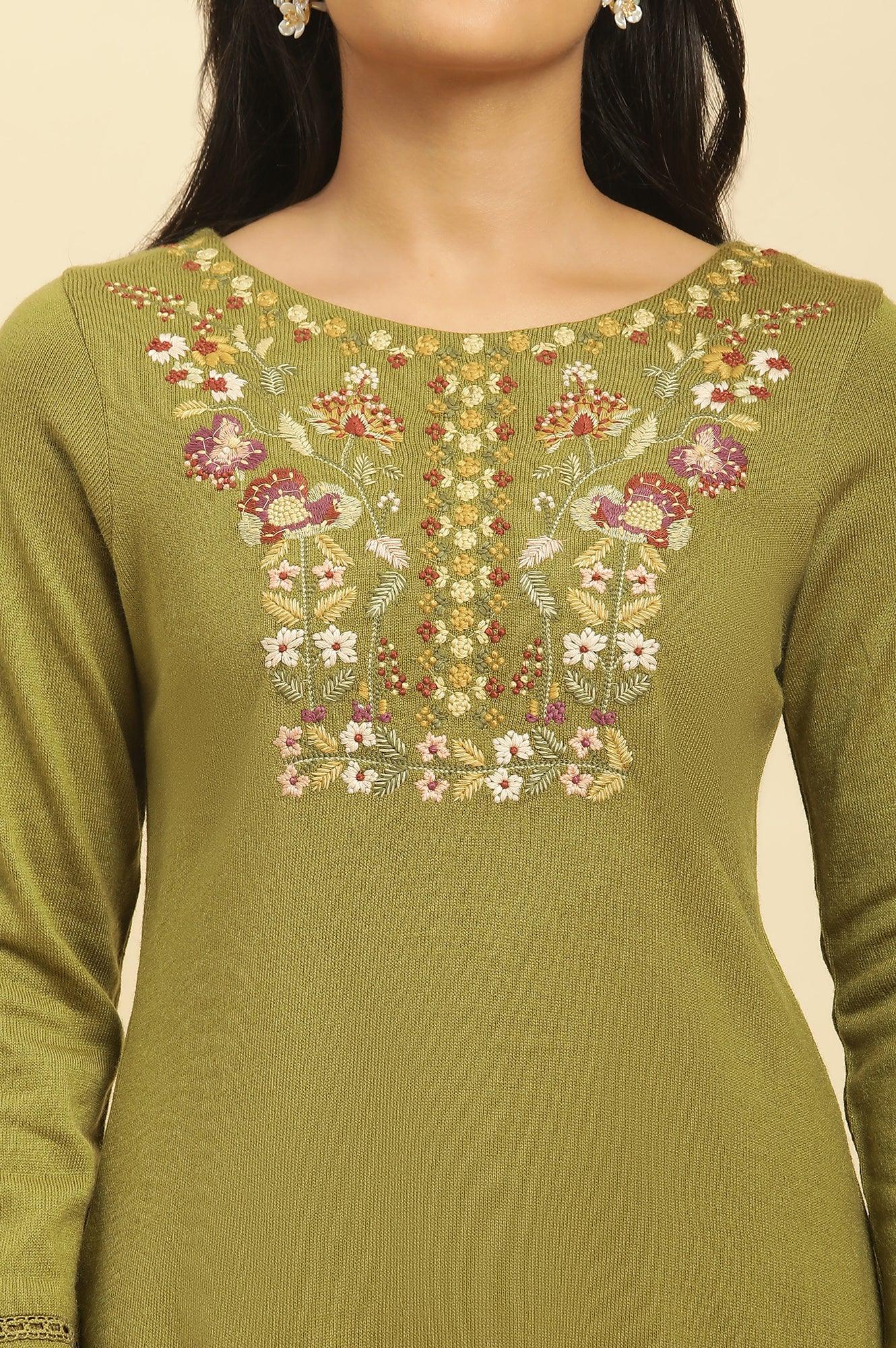 Green Embroidered Winter Kurta And Tights Set - wforwoman