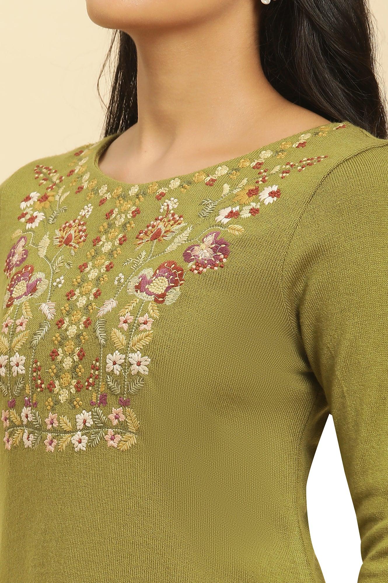 Green Embroidered Winter Kurta And Tights Set - wforwoman