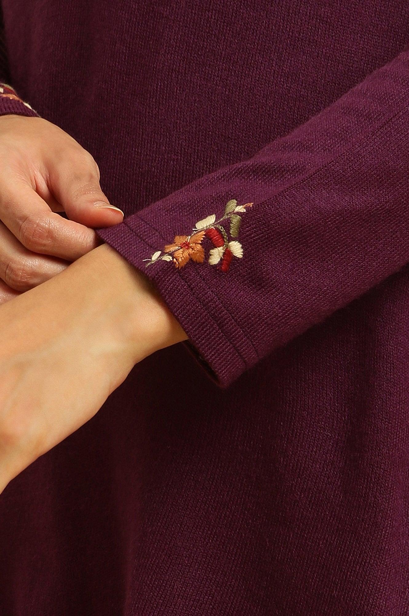 Purple Embroidered Asymmetrical Winter Kurta And Pants Set - wforwoman