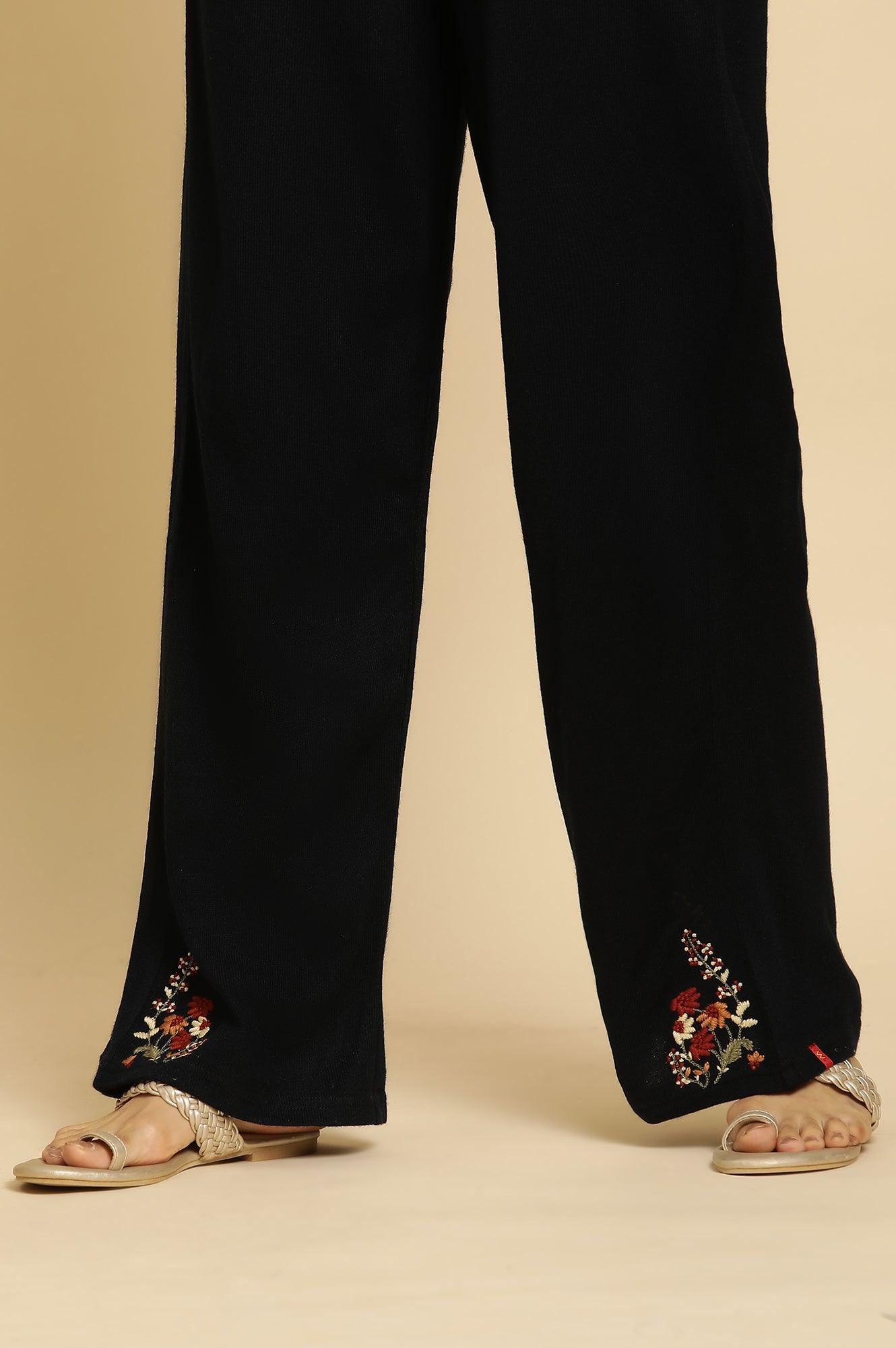 Navy Embroidered Asymmetrical Winter Kurta And Parallel Pants Set - wforwoman