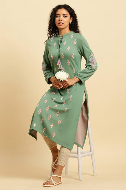 Wasabi Green Printed Winter Kurta And Tights Set - wforwoman