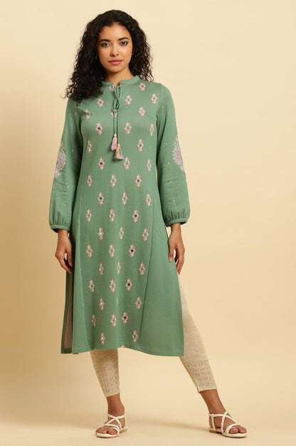 Wasabi Green Printed Winter Kurta And Tights Set - wforwoman