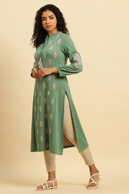 Wasabi Green Printed Winter Kurta And Tights Set - wforwoman