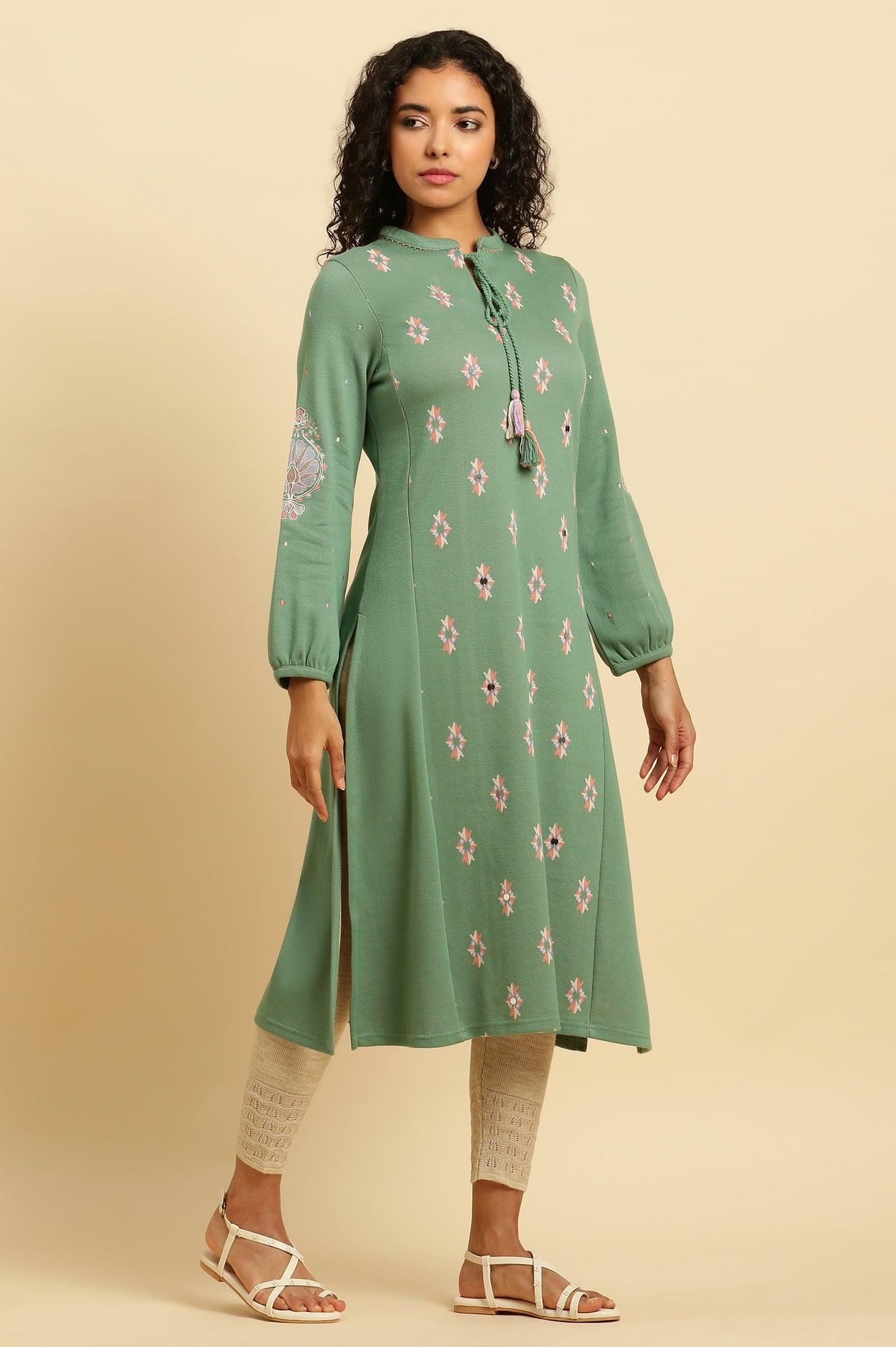 Wasabi Green Printed Winter Kurta And Tights Set - wforwoman