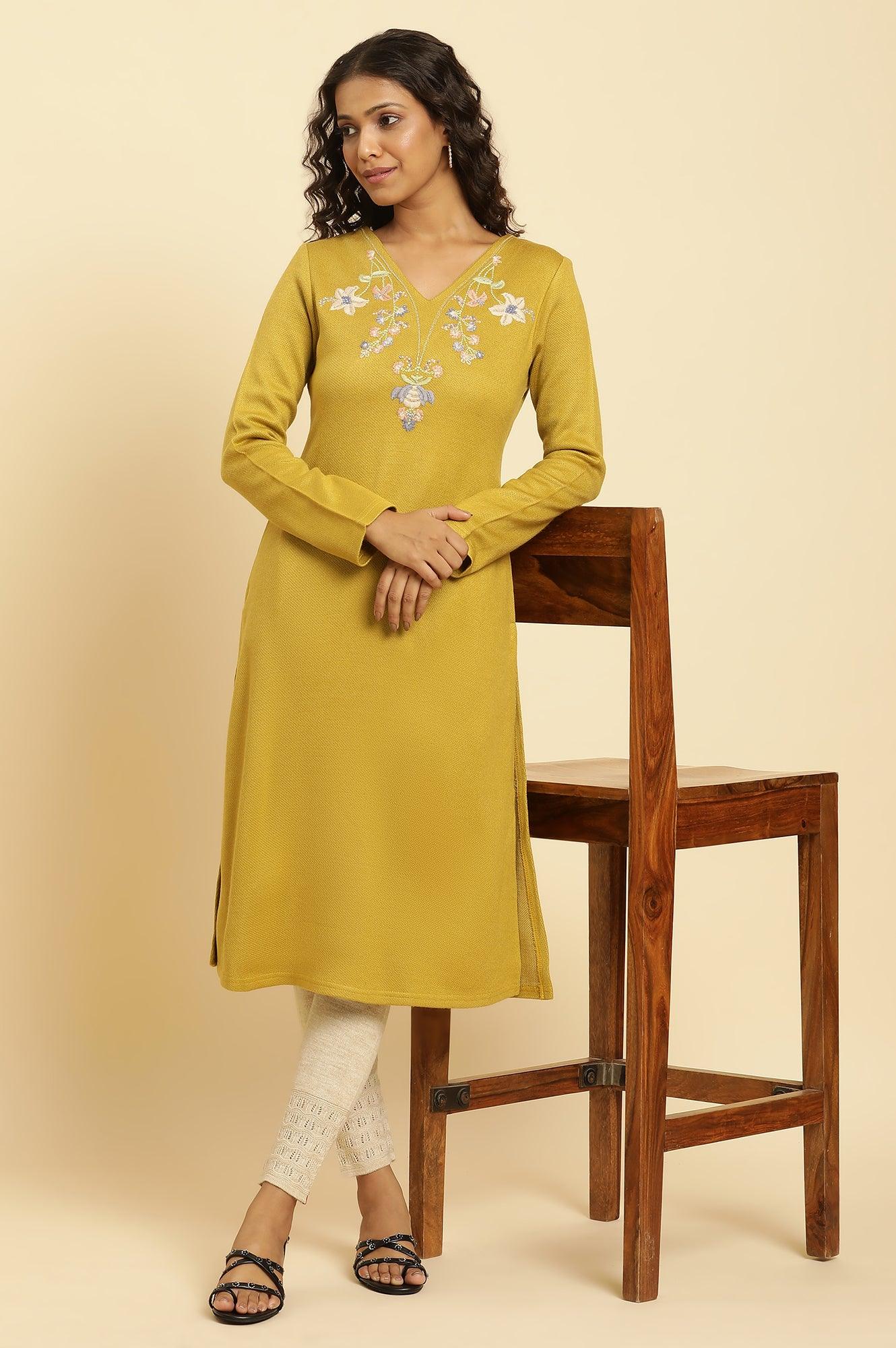 Yellow Floral Embroidered Straight Winter Kurta And Tights Set - wforwoman