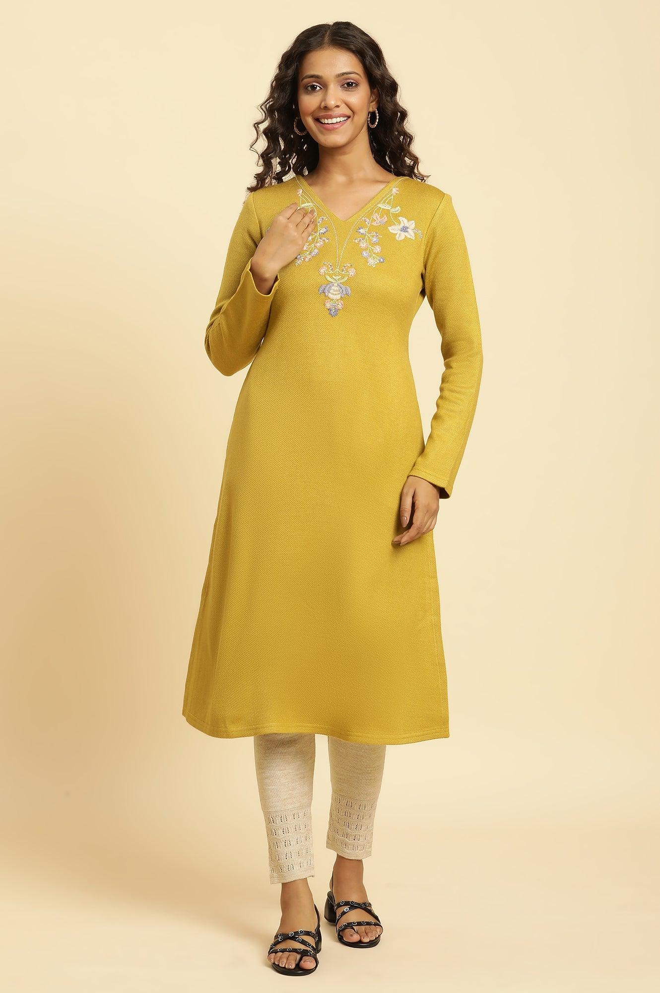 Yellow Floral Embroidered Straight Winter Kurta And Tights Set - wforwoman