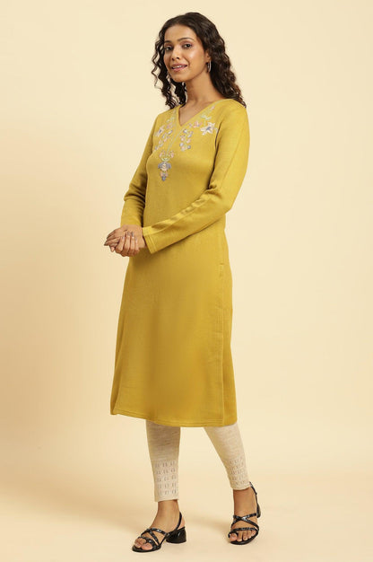 Yellow Floral Embroidered Straight Winter Kurta And Tights Set - wforwoman