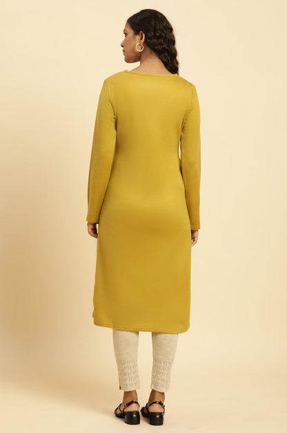 Yellow Floral Embroidered Straight Winter Kurta And Tights Set - wforwoman