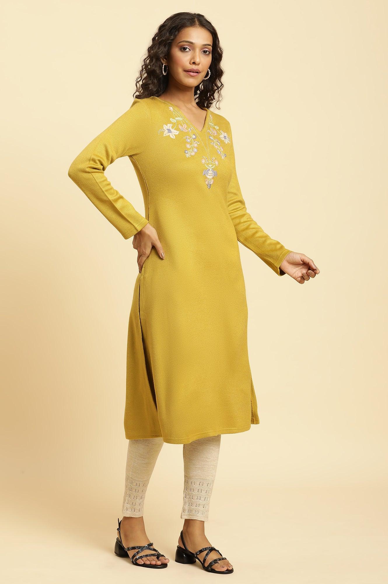 Yellow Floral Embroidered Straight Winter Kurta And Tights Set - wforwoman