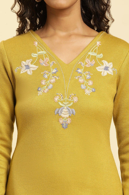 Yellow Floral Embroidered Straight Winter Kurta And Tights Set - wforwoman