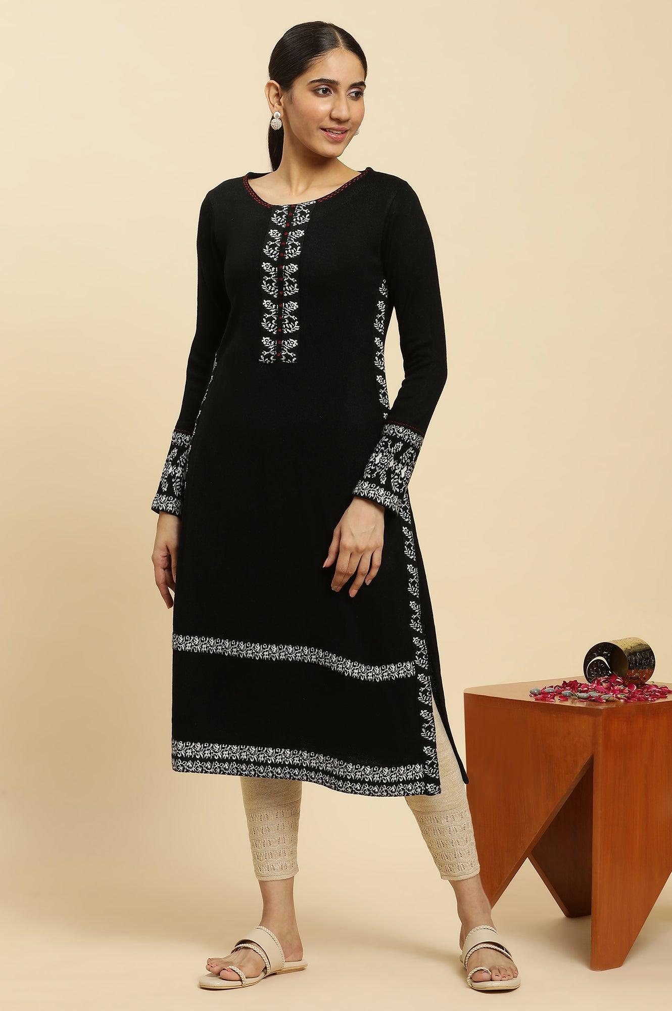 Black Embroidered Acrylic Winter Kurta And Tights Set - wforwoman