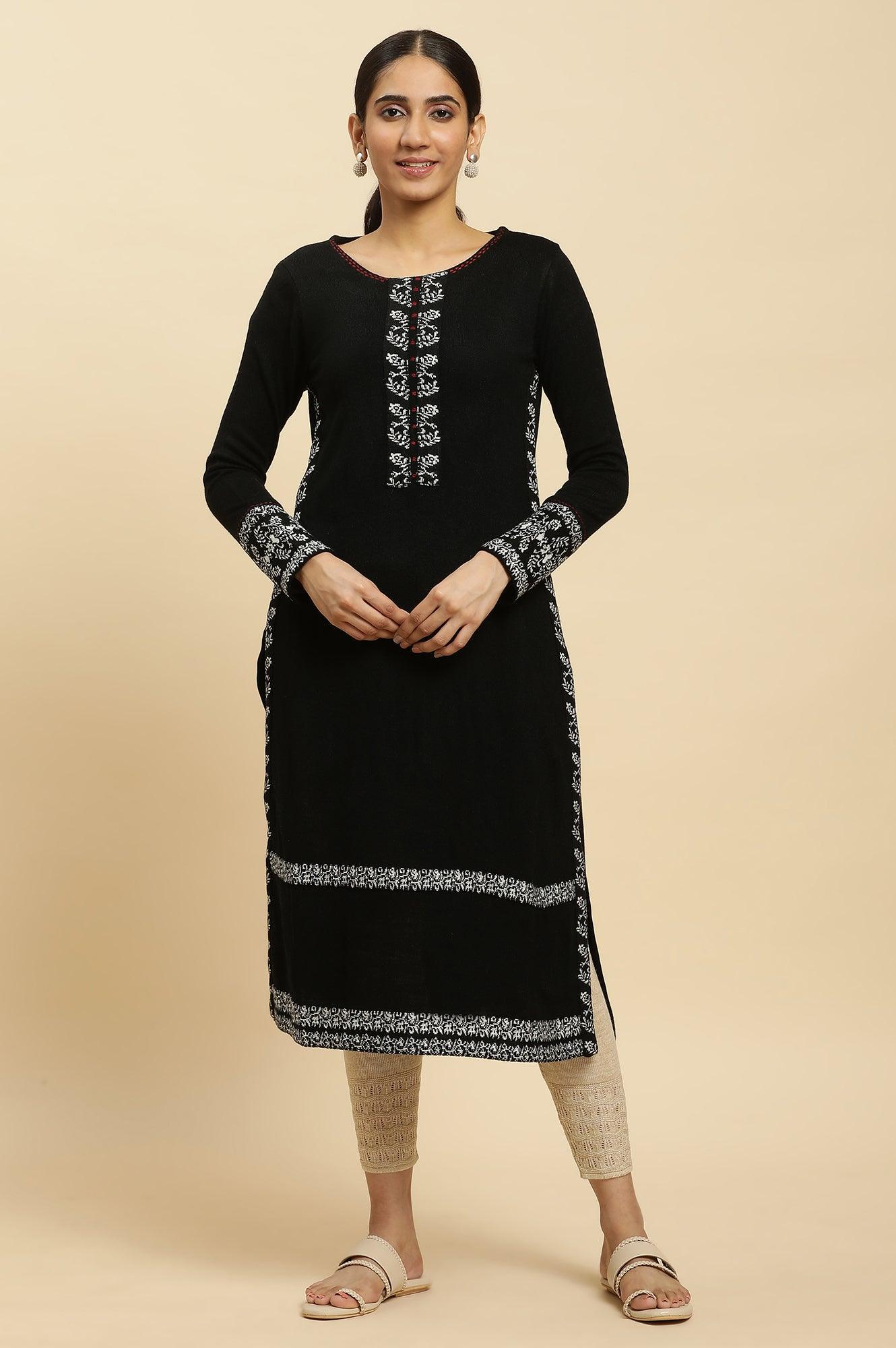 Black Embroidered Acrylic Winter Kurta And Tights Set - wforwoman