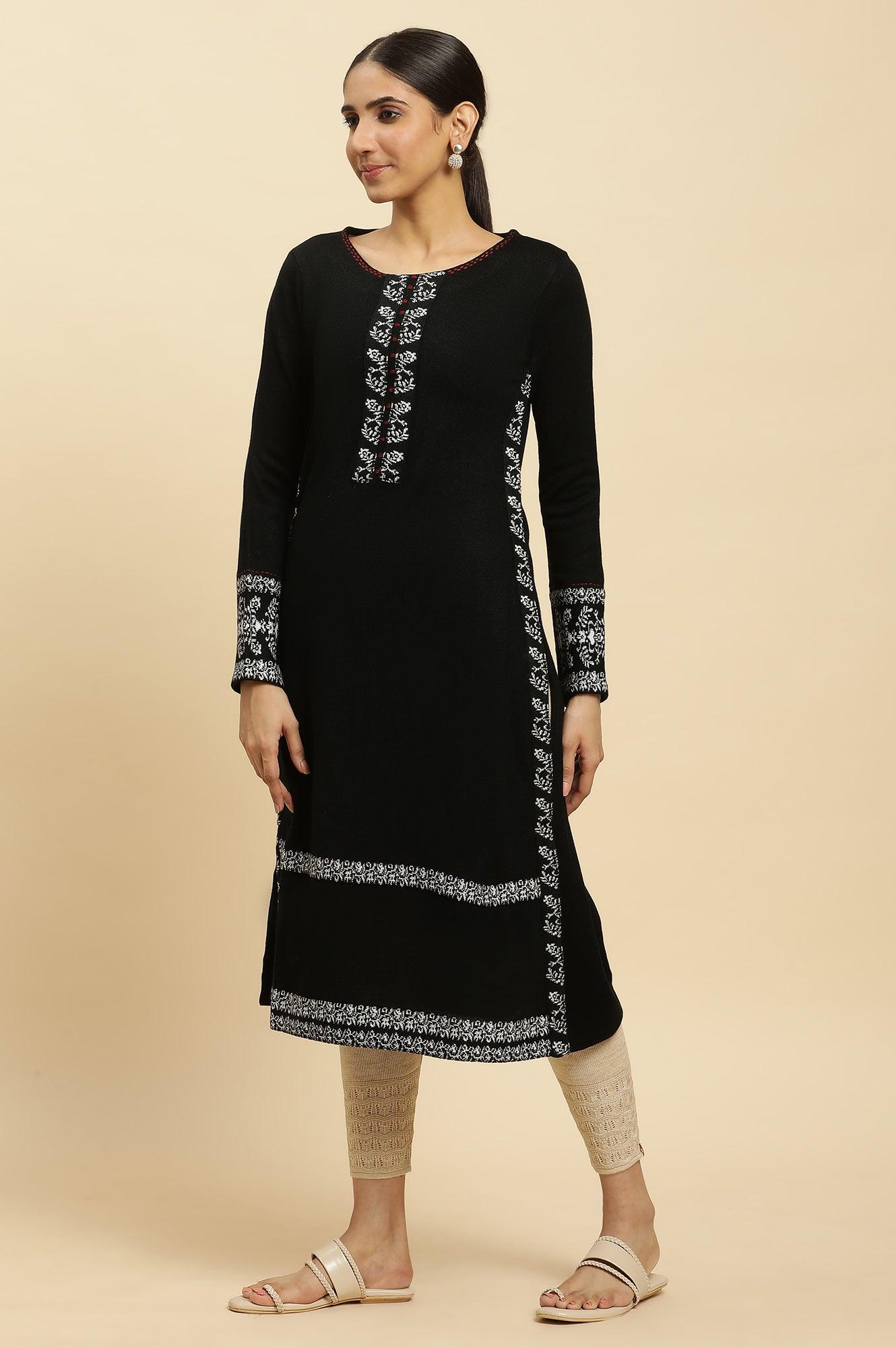 Black Embroidered Acrylic Winter Kurta And Tights Set - wforwoman