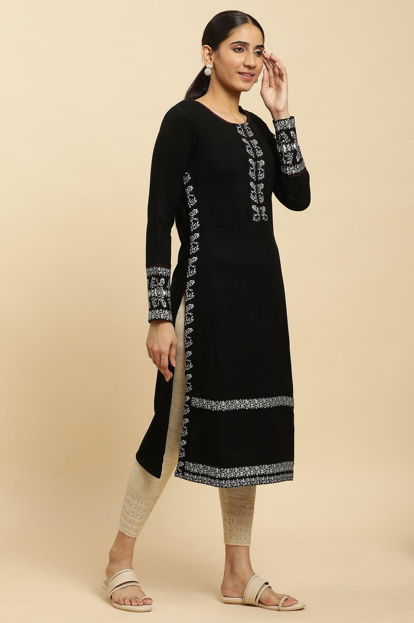 Black Embroidered Acrylic Winter Kurta And Tights Set - wforwoman