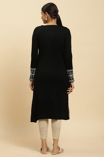 Black Embroidered Acrylic Winter Kurta And Tights Set - wforwoman