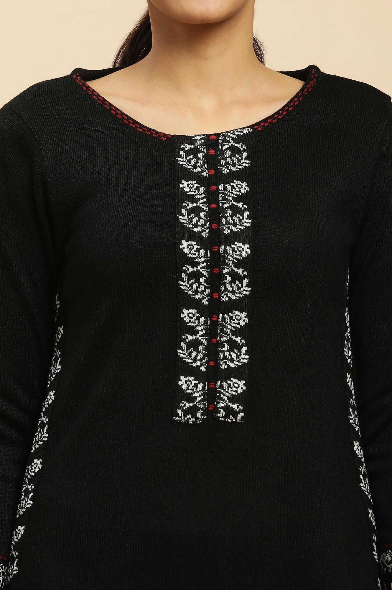 Black Embroidered Acrylic Winter Kurta And Tights Set - wforwoman