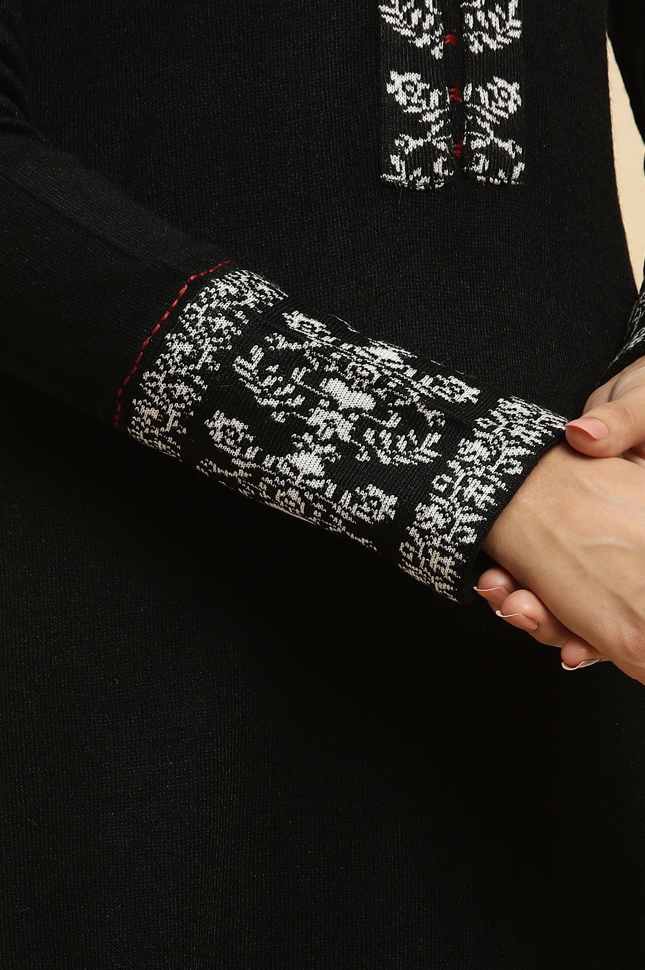Black Embroidered Acrylic Winter Kurta And Tights Set - wforwoman