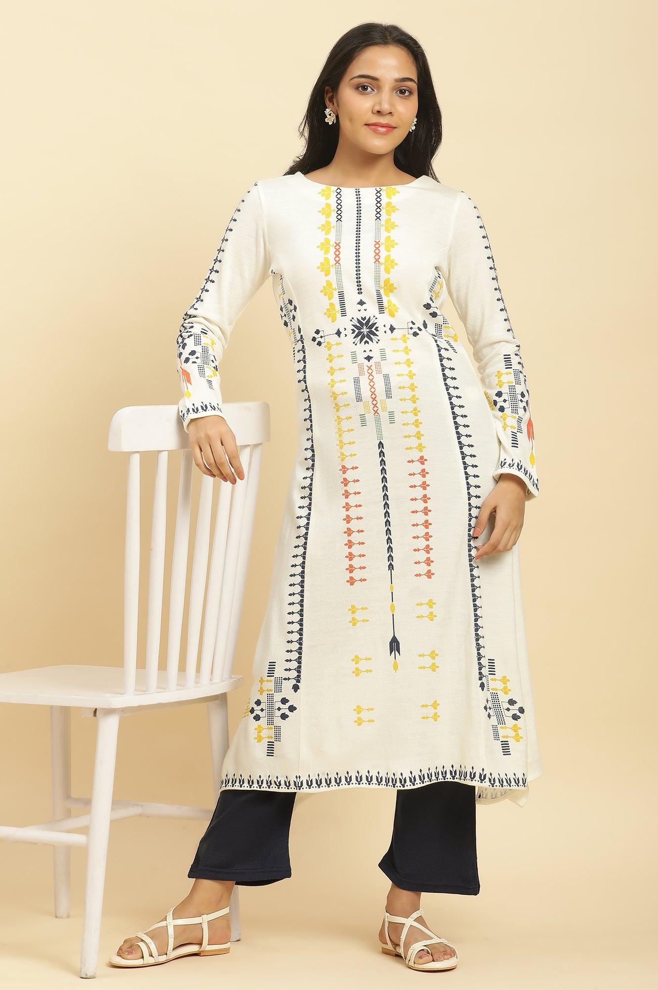 White A-Line Kurta In Multicoloured Print And Tights Set - wforwoman