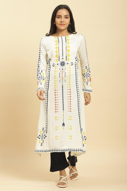 White A-Line Kurta In Multicoloured Print And Tights Set - wforwoman