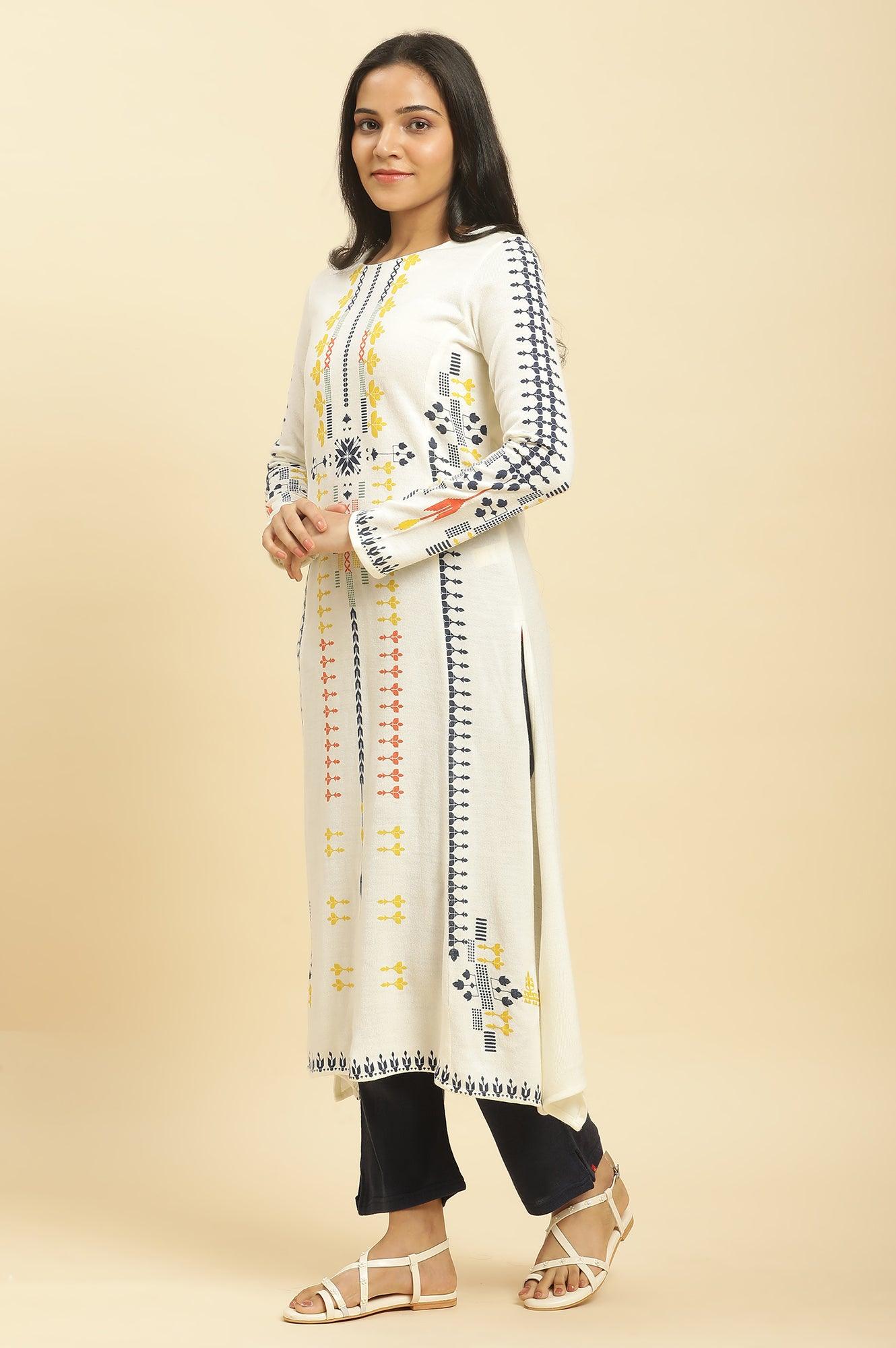 White A-Line Kurta In Multicoloured Print And Tights Set - wforwoman