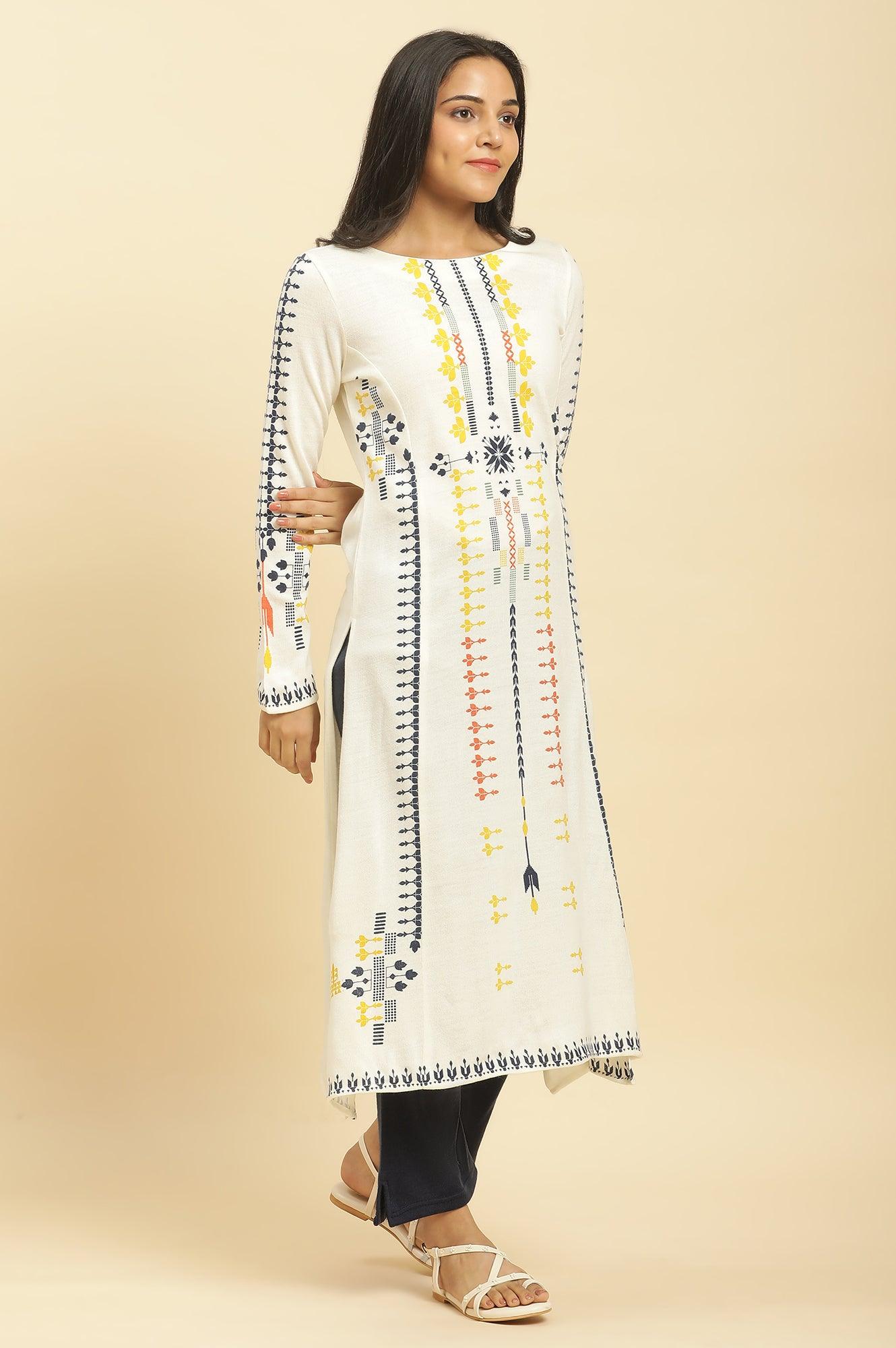 White A-Line Kurta In Multicoloured Print And Tights Set - wforwoman