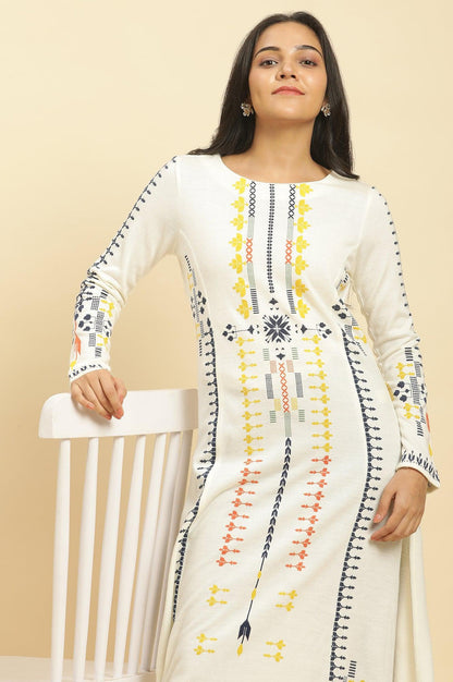 White A-Line Kurta In Multicoloured Print And Tights Set - wforwoman
