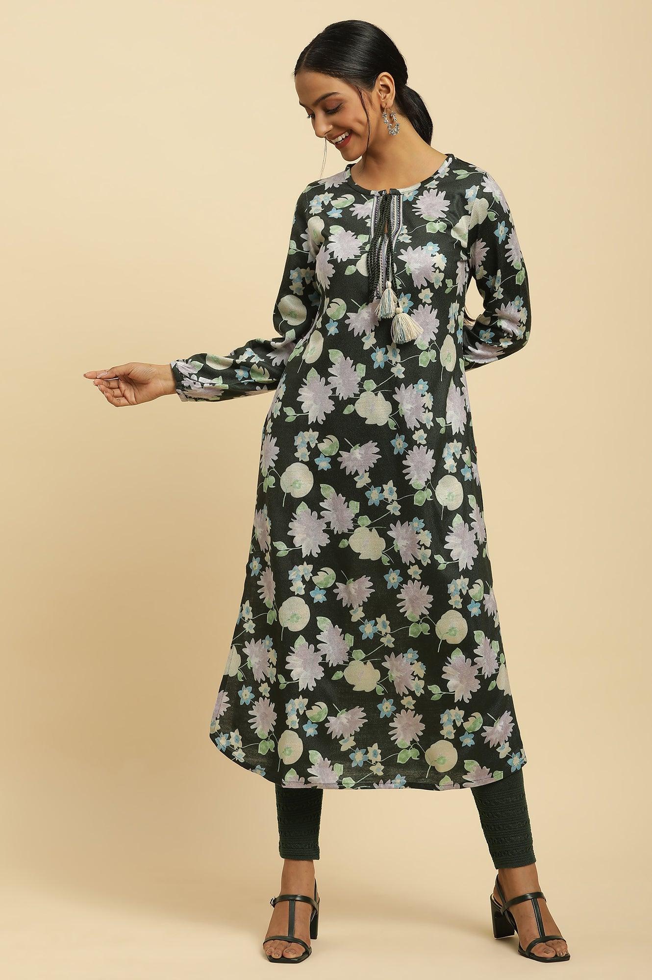 Green Floral Printed Winter Kurta And Tights Set - wforwoman