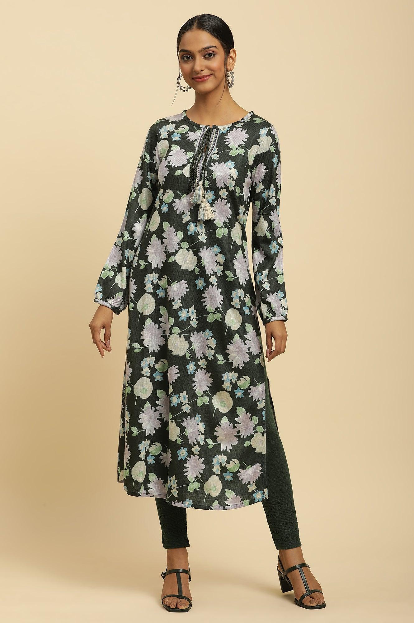 Green Floral Printed Winter Kurta And Tights Set - wforwoman